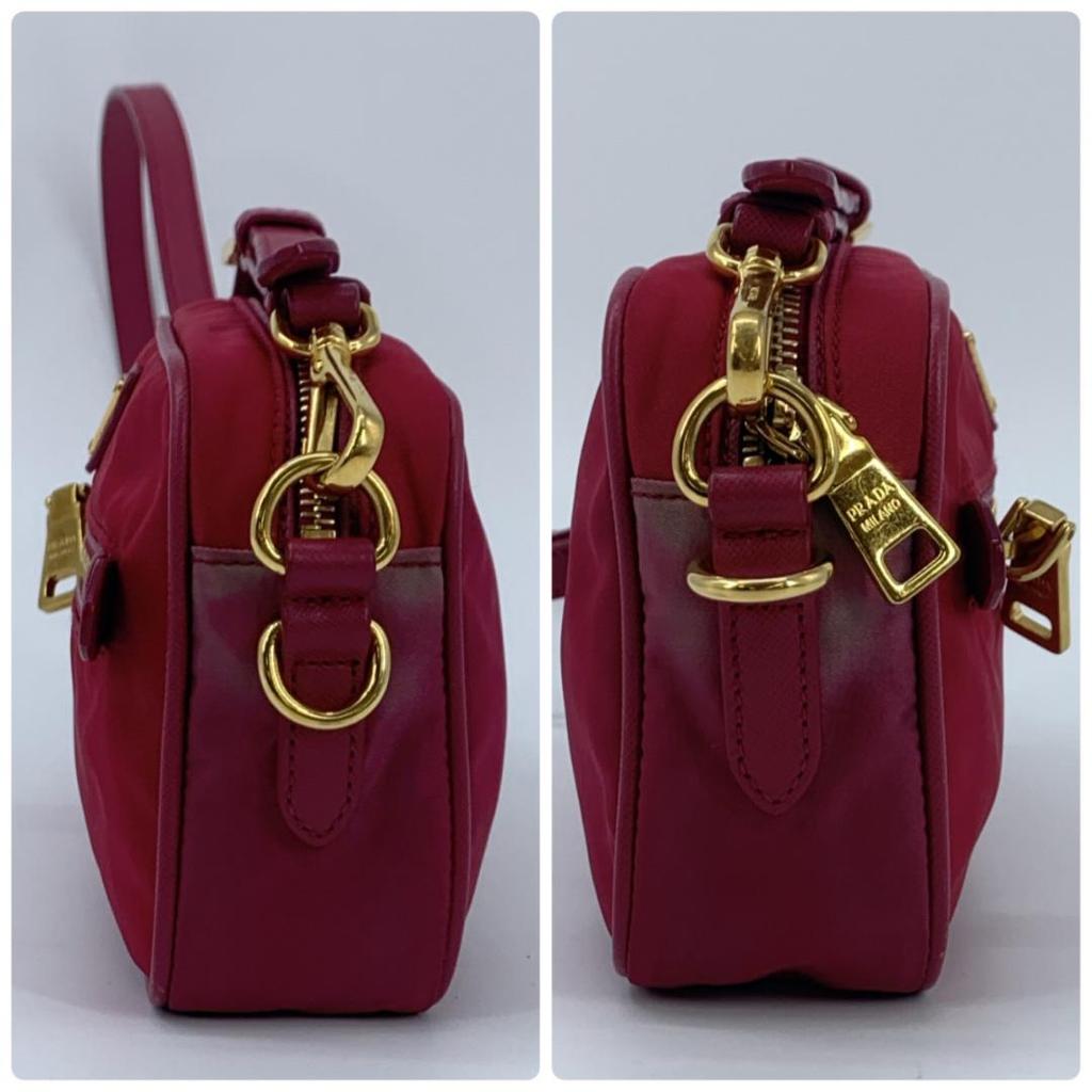 PRADA Shoulder Bag Pochette Crossbody Diagonal Strap Tessuto Nylon Gold Hardware Leather Pink Women's Triangle Logo Plate