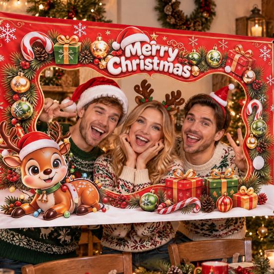 Christmas Celebration Photo Accessories Cartoon Booth Frame Banner, Xmas Selfie with Elk Gift for Party Decor Penguin Bear, Holiday Handheld