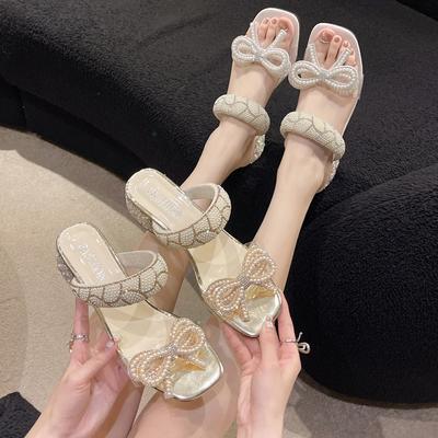 2024 Neue Mode Sommer Schuhe Damen Täglich Party Club Perlen Perlen Strass Schleife Design Klobiger Absatz Sandalen Sandalias Mujer