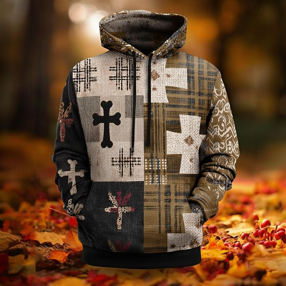 

Мужская толстовка с капюшоном с американским флагом и крестом, модная клетчатая толстовка с круглым вырезом, уличная одежда для офиса, красная, синяя, со шнурком, графичная, осенне-зимняя, дизайнерская XL