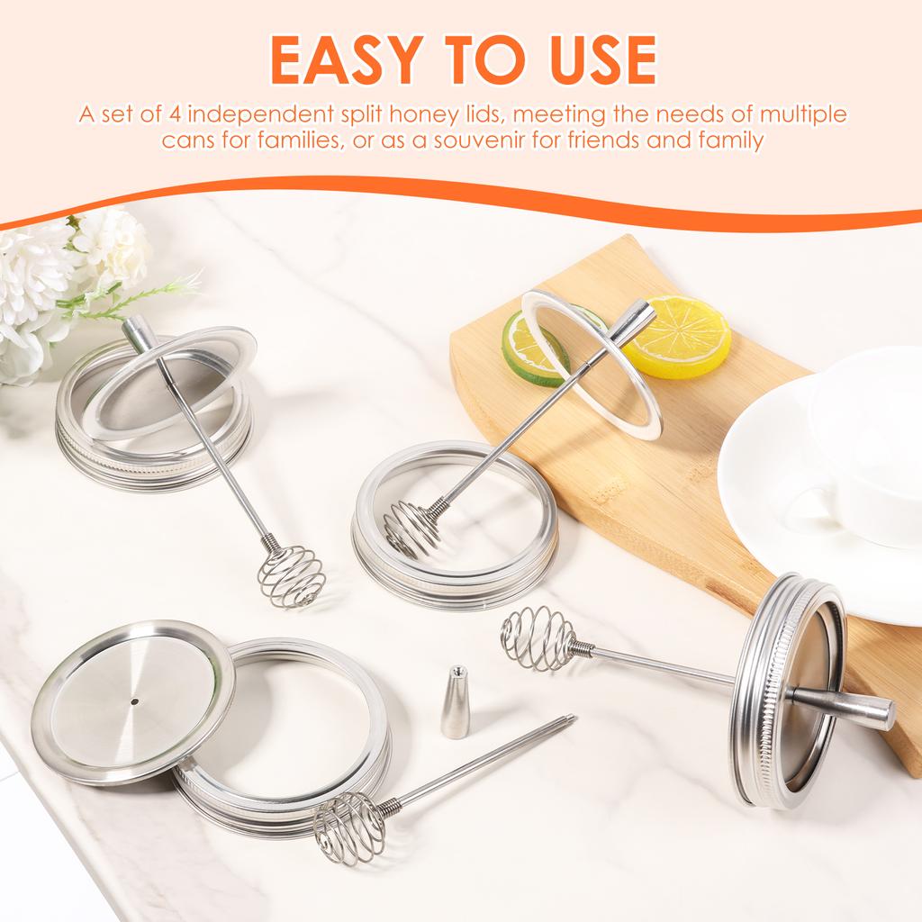4 Pcs Mason Jar Lid with Honey Dipper Stainless Steel Honey Stirrer Lids Syrup Jam and Molasses Mason Jar Lid for Home Kitchen