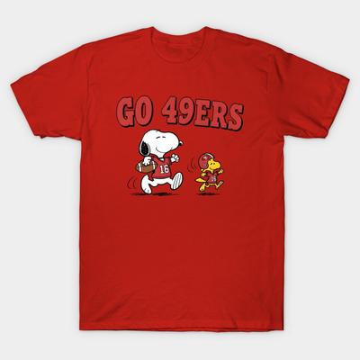 Asian Size Men Black Print T-shirt Go 49Ers – Snoopy &Amp; Woodstock Football No-Cut Heat Transfer Print Cotton Tshirt
