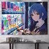 Anime Girls Friendship Tapestry Wall Hanging Peace Sign Guitar Case Colorful Aesthetic Wall Art Indie Dorm Decor