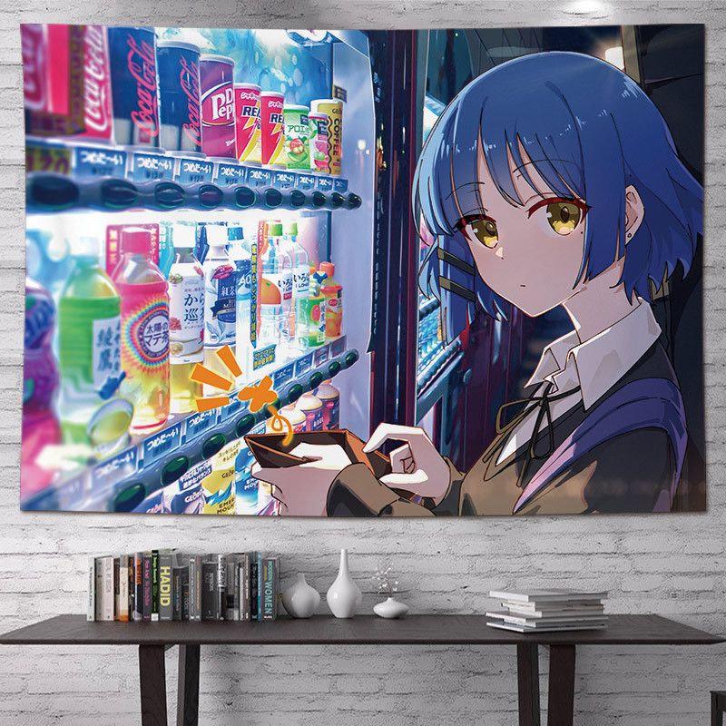 Anime Girls Friendship Tapestry Wall Hanging Peace Sign Guitar Case Colorful Aesthetic Wall Art Indie Dorm Decor