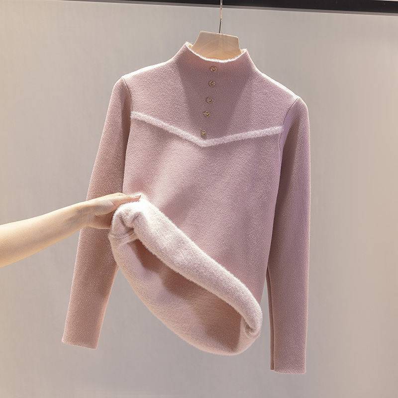 

Autumn new plush warm sweater women s slim bottoming shirt sweet wind sweater knitted sweater fluff integrated underwear One size светло-розовый