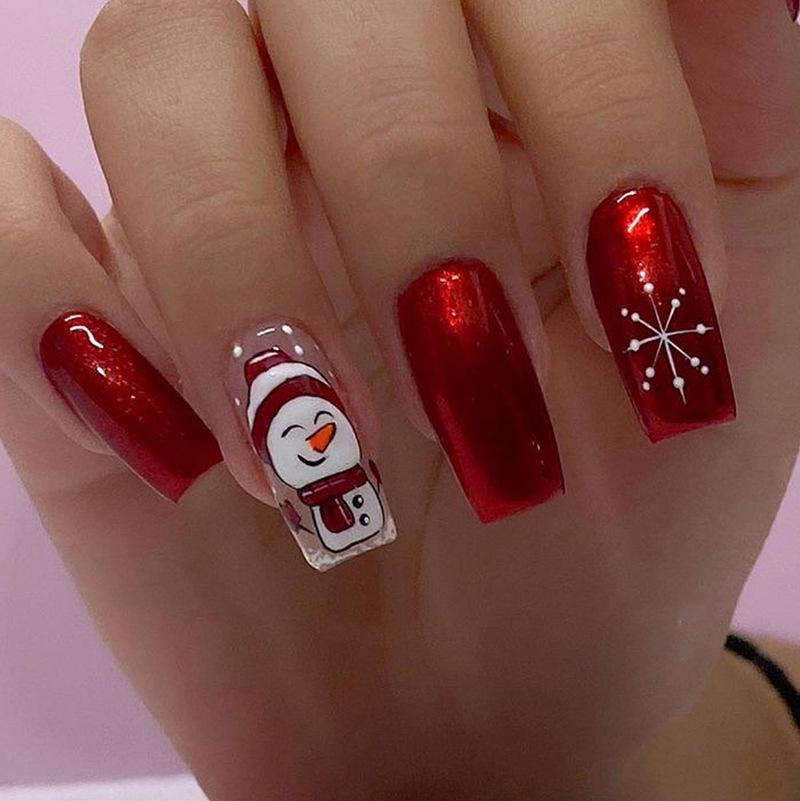 Aurora Red European Snowman Medium-Length Christmas Nails