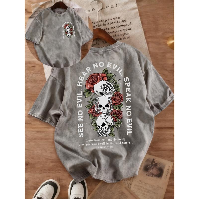European Sizes Men's Vintage See No Evil Hear No Evil Speak No Evil Bible Verse T-Shirt - Sided Washed Casual Top for Summer Wear