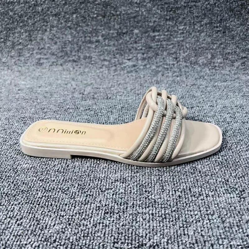New Crystal Stone Stripes Slippers for Women Shoes Fashion Luxury Designer Flat Slides Rhinestone Sandals Chaussure Femme