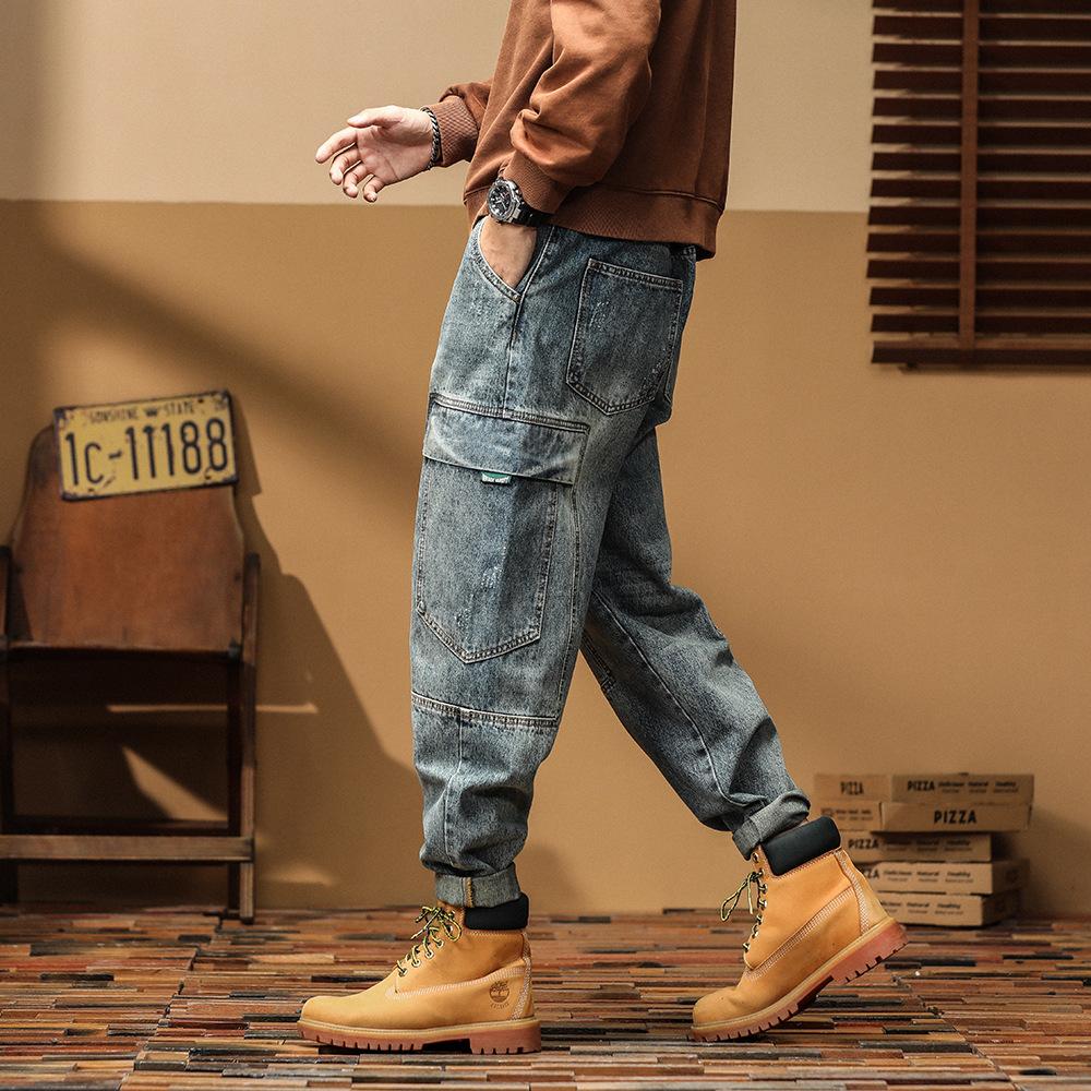 Heavy Trendy Tooling Jeans Men's Loose Big Pocket Micro-ha Casual Straight Pants Trendy Brand Retro Large Size Pants