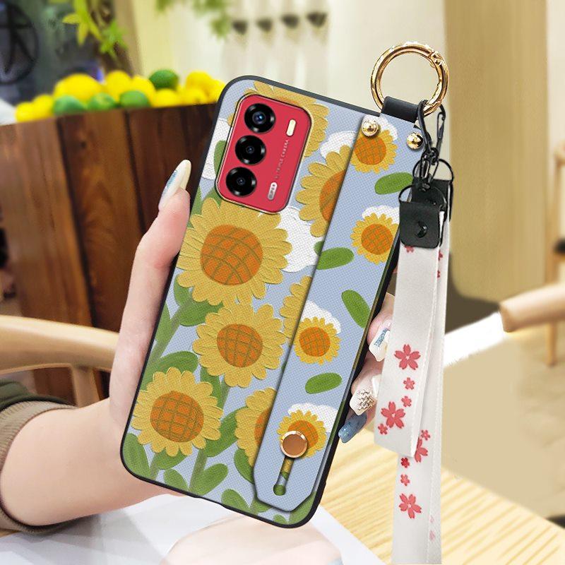 Durable Lanyard Phone Case For ZTE Blade V40 Vita/A72 Ring Anti-dust Fashion Design Silicone Kickstand Waterproof Flower