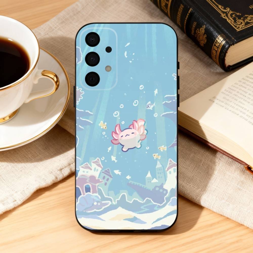Cute C-Cartoon Axolotl Phone Case For Samsung Galaxy A73,A72,A71,A70,A53,A52,A51,Soft Silicone Black Cover