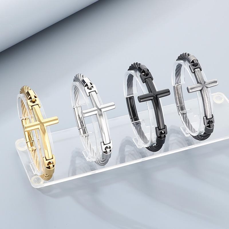 Kalen Chunky Stainless Steel Cross Bangle Men's Rock Hip Hop Mesh Chain Jewelry Shining Gold Color Accessories Gift