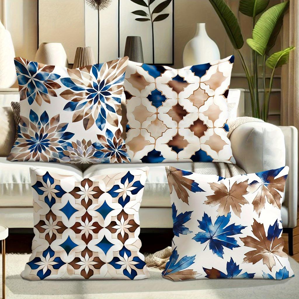 Home Decor Blue & Brown Floral & Geometric Pillow Covers Pattern Cushion Cover Suitable For Sofa Bedroom Car Pillow Cover