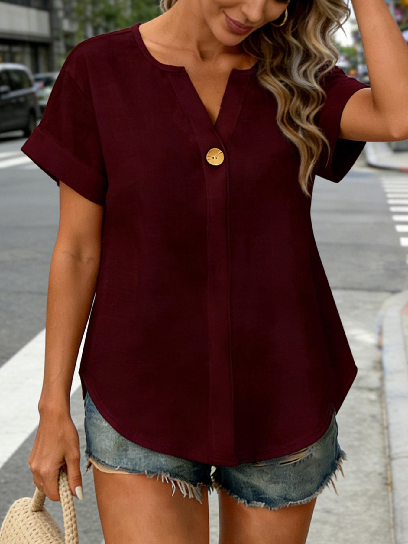 Womens Solid Color Button Loose V Neck Short Sleeve Casual T Shirt L кларет