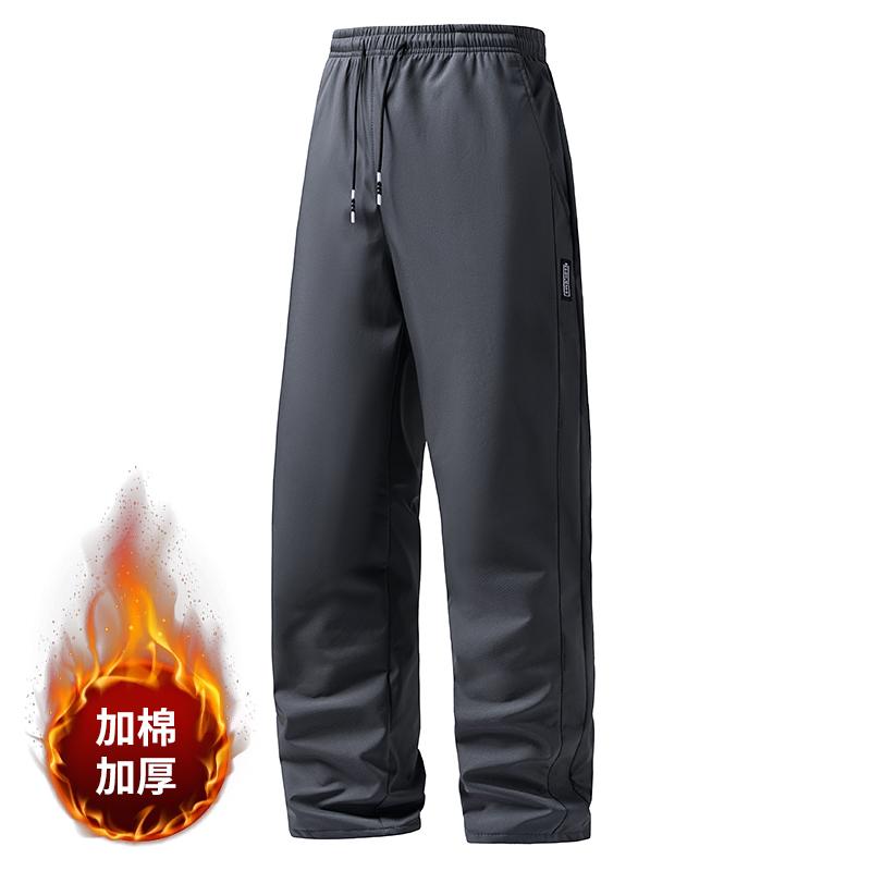 Men Drawstring Elastic Waist Padded Warm Straight Pants Loose Casual Winter Trousers