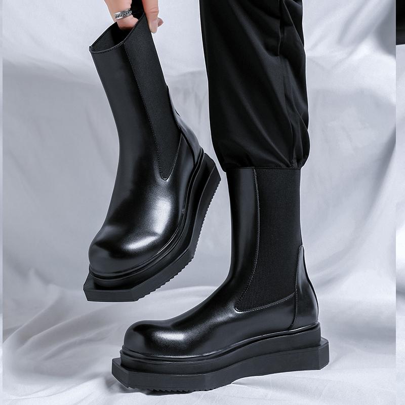 A/w New Classic British Street Style Calf Boots for Men's Black Hombre Daily Party Dress Hight Quality Height Increasing Shoes