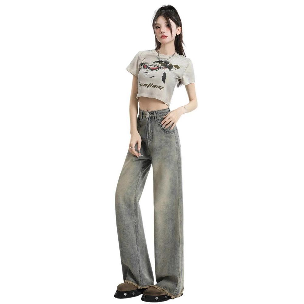 Washed Ragged Do Old Wide Leg Jeans Women's High-waisted Vintage Large Size Loose Straight Thin Draped Trousers Jeans for Women Long Denim Pants