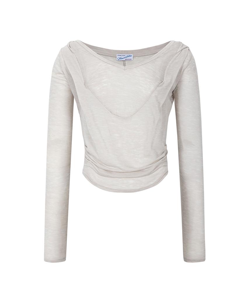 Peullijeunopallou Moa Drape Hoodie Long Sleeve Top (Ash Beige)