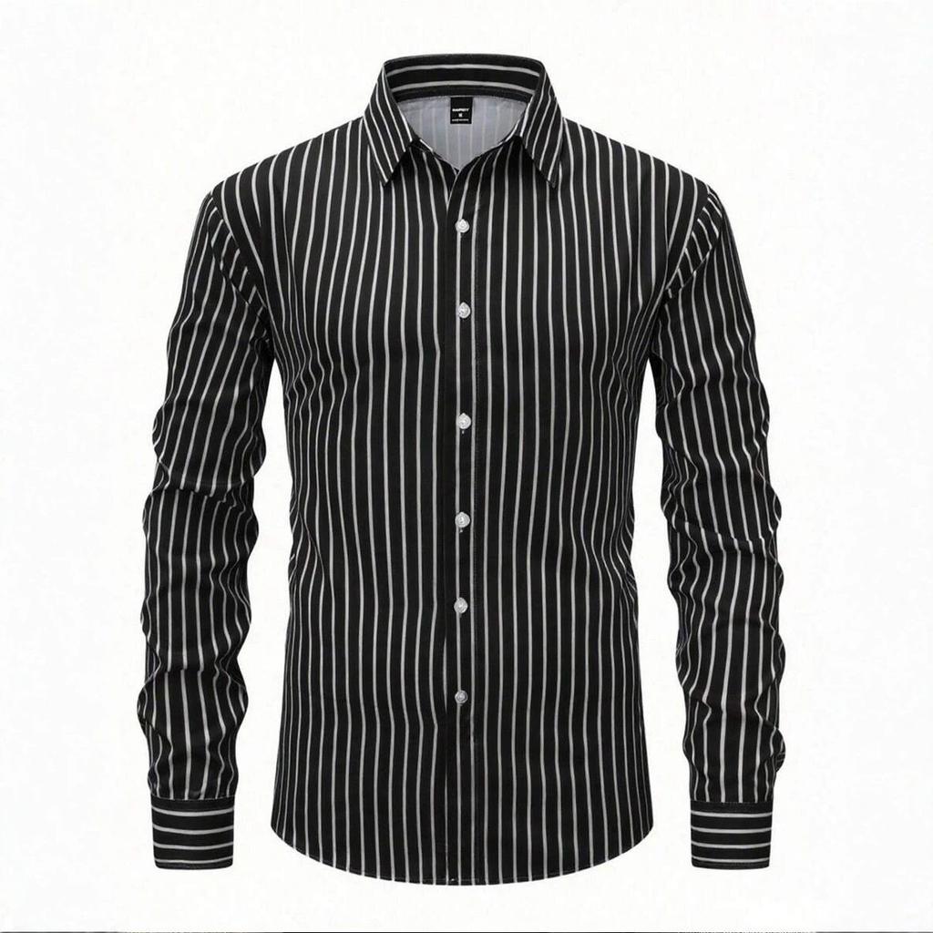 Black Striped Long Sleeve Shirt Collar For Glamorous Party-Wear Men White Shirt Fall Formal Ceremony