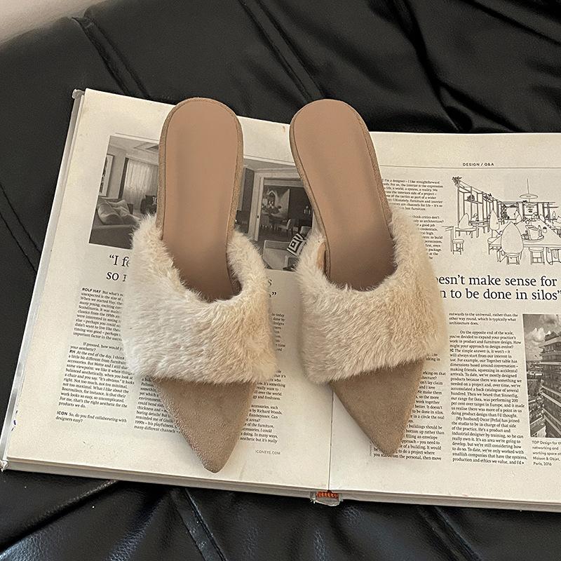 Pointed Suede Versatile Fluffy Slippers Outer Wear Autumn and Winter Fashion To Increase Temperament Girls Slope Heel One-word Trend