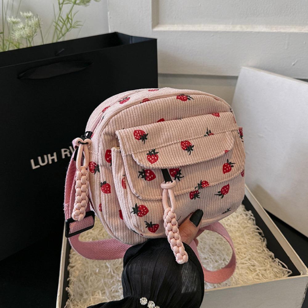 Fashion Printing Strawberry Crossbody Bag Zipper Corduroy Shoulder Bag Sweet Women Girl Large Capacity Handbag