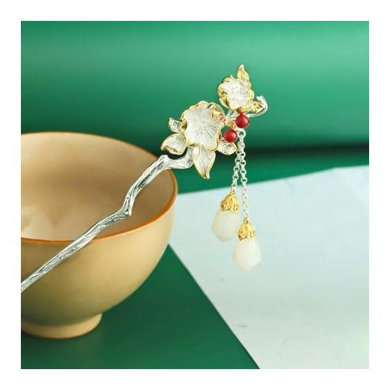 Miaomyao Hairpin, Single Stick Hair Accessory for Kimono/Yukata, Pearl Jade, Silver, "Golden Branches and Jade Leaves" Design, Elegant & Auspicious