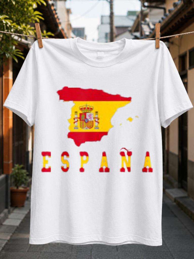 Espana Spain Silhouette Filled With Red Yellow FlAg And Coat Of Arms Above Bold National Lettering Unisex All TShirt