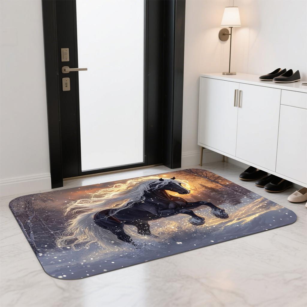 Winter Horse Door Mat Flannel Soft Kids Rug Fantasy Animal Print Kitchen Bedroom Floor Mat Anti Slip