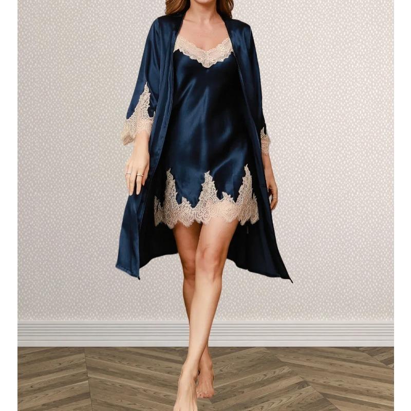 

Женский комплект из 2 предметов: кимоно из шелка Mulberry, ночная рубашка и халат, пижама и халат из чистого шелка, кружевной комплект XL