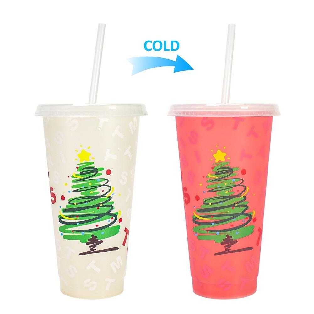 24oz Capacity Color Changing Cup With Straws With Lids Iced Coffee Cup Reusable Plastic Material Cold Drink Cup Christmas Party