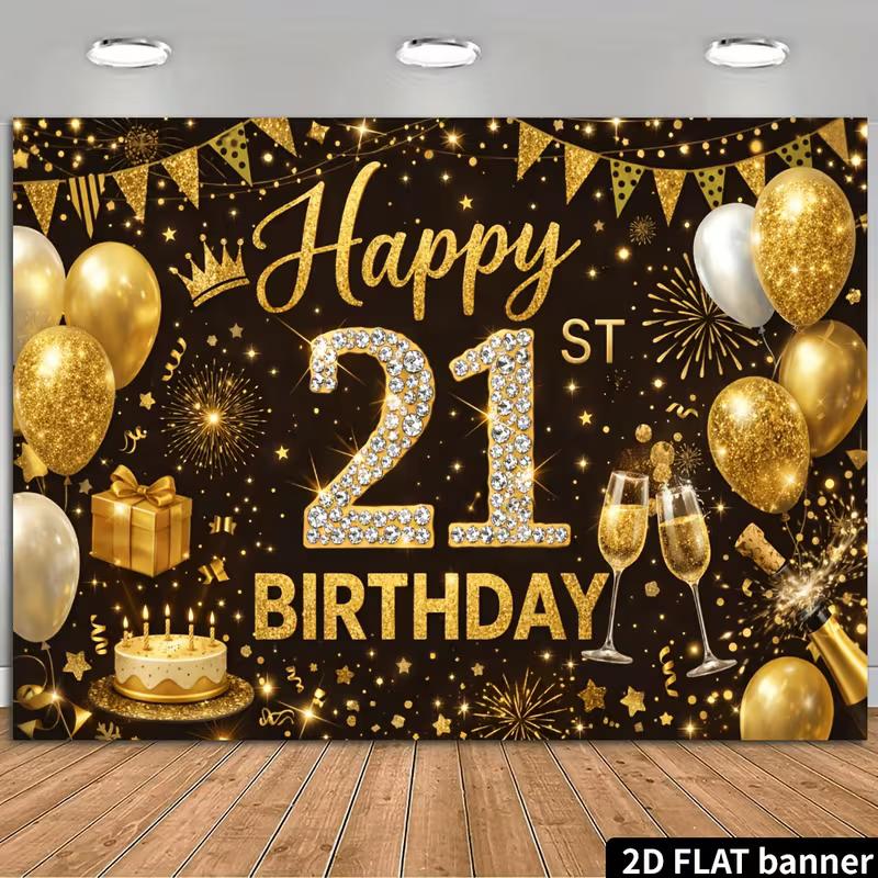 

2D Happy 21st Birthday Backdrop Black Gold Theme Photography Background 47.2x31.5inch/120*80cm