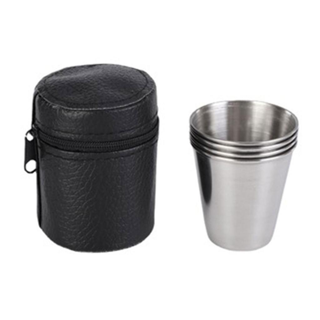 4 PCS Shatterproof Metal Shot Mugs Reusable Wine Cups with Leather Case Outdoor Cups Suitable for Wine Beer and Whiskey