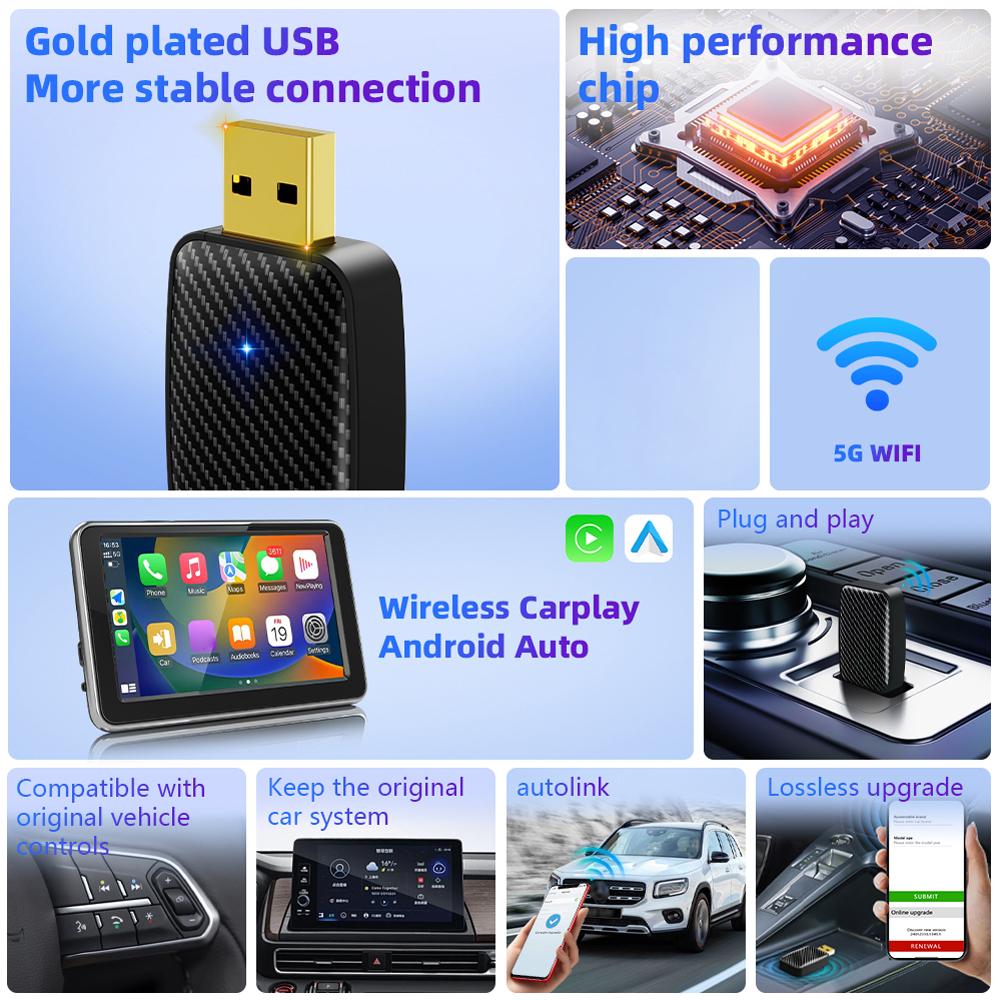 Wireless Carplay Android Auto Adapter Wireless Carplay Dongle Plug and Play Voice Assistant for Wired CarPlay Android Auto Cars
