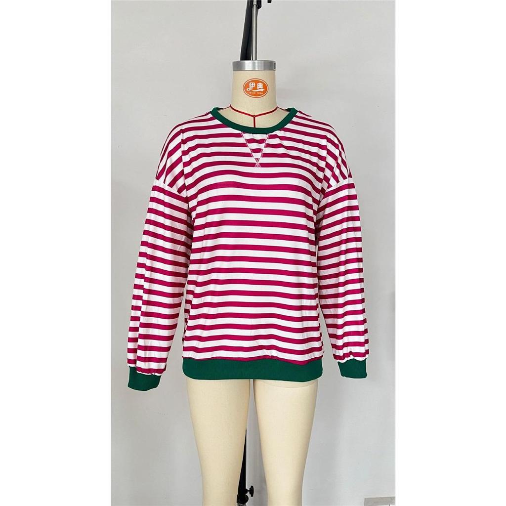 Women's Simple Home Casual Striped Pattern Round Neck Trendy Long-sleeved Pullover Color Block T-shirt