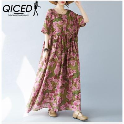 QICED Rochie lungă boemă la modă simplă de vară mărime mare plus grăsime plus rochie cu mâneci scurte cu decolteu și imprimeu comerț exterior femei