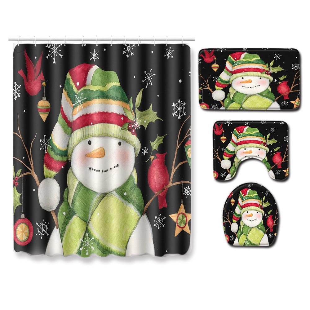 Christmas Shower Curtain Floor Mat Combination Four-Piece Set Bathroom Non-Slip Mat Toilet Absorbent Door Mat Carpet