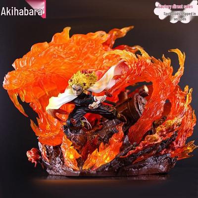 Flame Pillar Kyojuro Double Head Glowing Anime Figure Sculpture from Demon Slayer