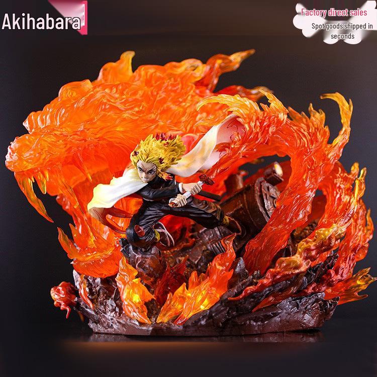 Flame Pillar Kyojuro Double Head Glowing Anime Figure Sculpture from Demon Slayer