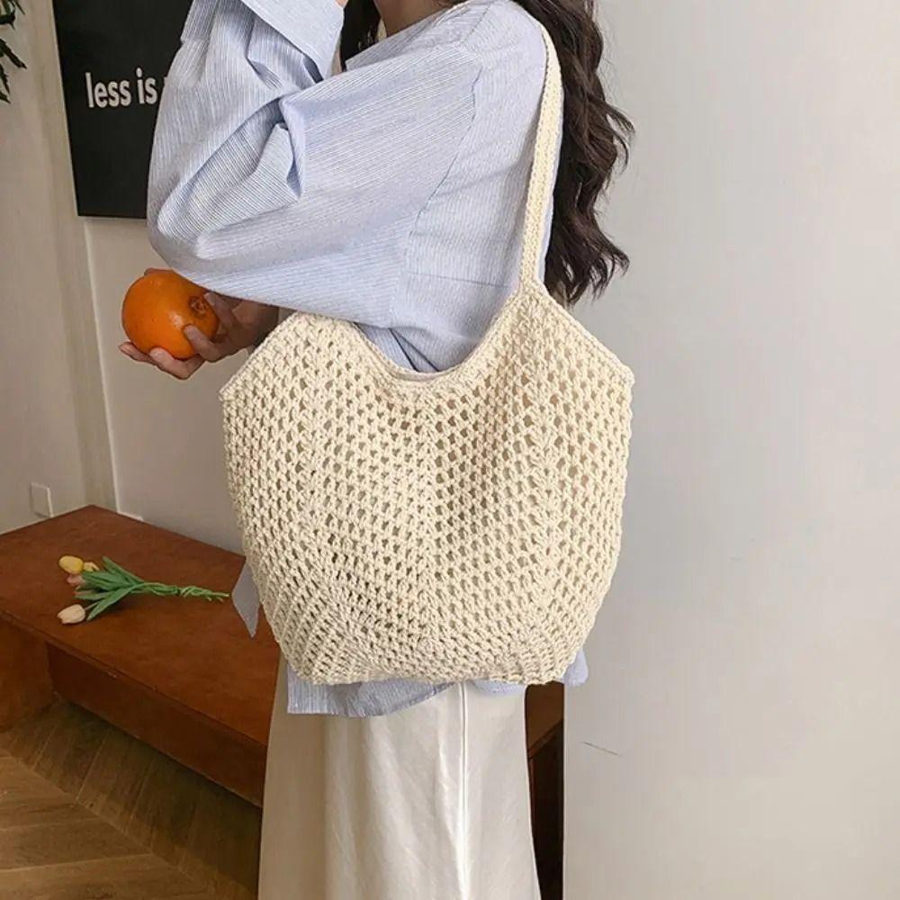 Casual Large Capacity Woven Shoulder Bag Hollow Out Knitted Beach Straw Bag Handmade Underarm Bag for Women