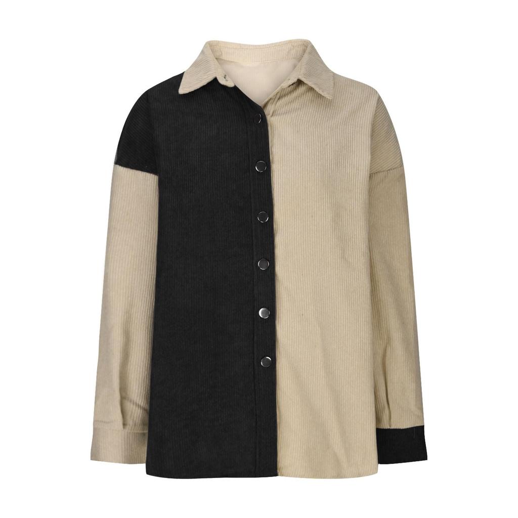 Women's Color Blocked Button Down Corduroy Shirt Long Sleeved Corduroy Jacket