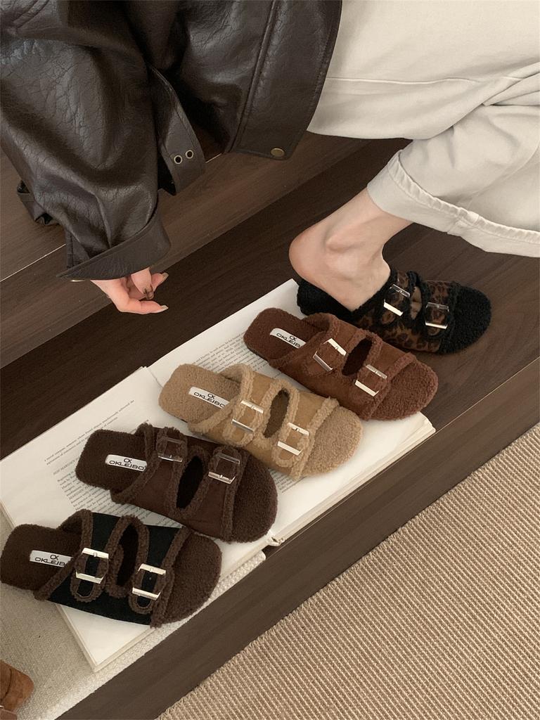 Belt Buckle Retro Birkenstock Fluffy Slippers for Women's Outer Wear 2025 New Autumn and Winter Indoor Flat-bottomed Velvet Cotton Slippers