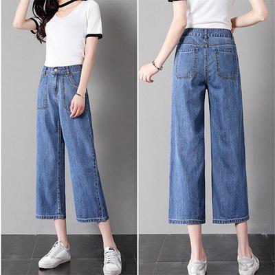 Dámské džíny s vysokým pasem, širokými nohavicemi a zkrácenou délkou - Korejský styl, volné, slim, trendy kalhoty pro všechna roční období