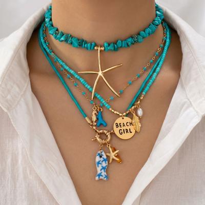 European and American Ocean Wind Shell Turquoise Multi-layer Necklace, Beach Starfish Beaded Necklace Jewelry Women