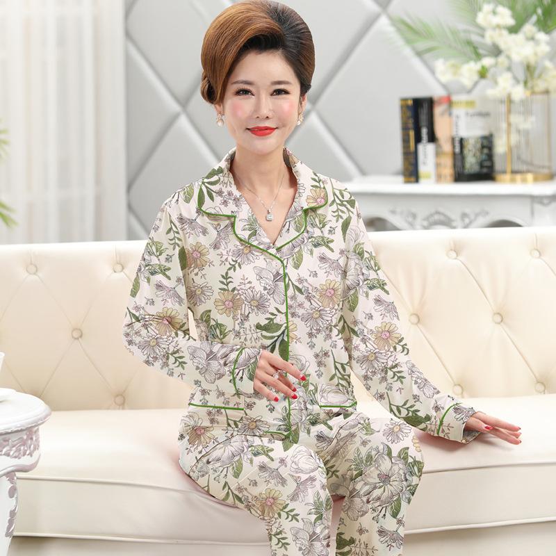 Luxuriöses High-End-Damen-Pyjama-Set mit grünen Pflanzen- und Blumenmotiven, für Frühling und Herbst, aus Baumwollimitat, langärmelig, in großen Größen, mittelweit geschnitten