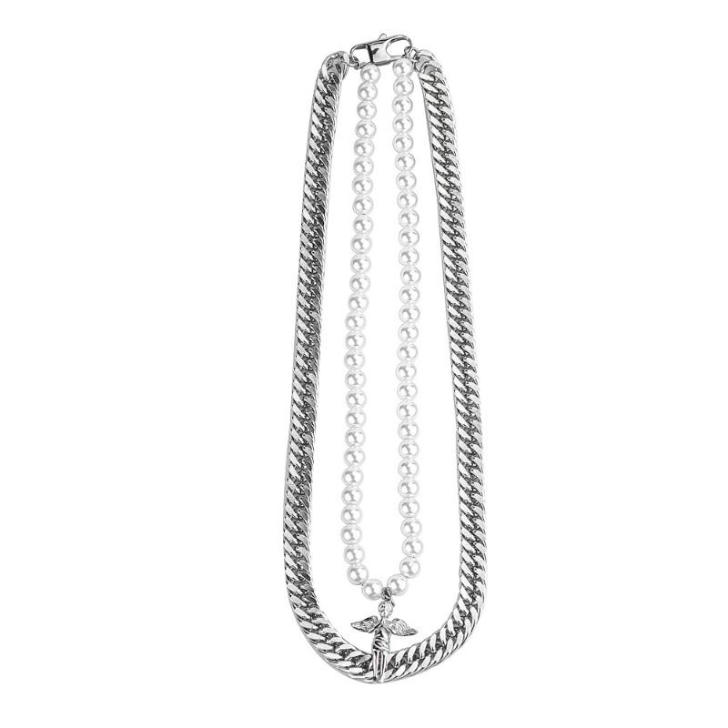 Trendy hip-hop double-layer titanium steel cuban chain with angel pearl necklace