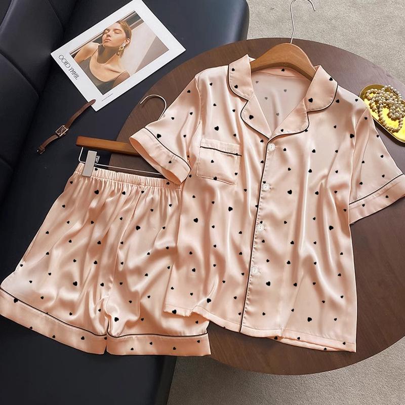 Pigiama Estivo Stampato Dolce Amore Donna Seta Ghiacciata Seta Sottile Manica Corta Comodo e Traspirante Set Loungewear