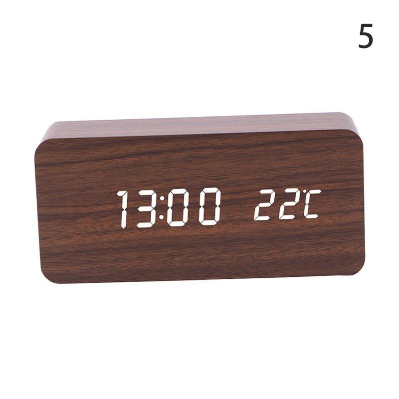 LED Wooden Alarm Clock Time Thermometer Snooze Voice Control Digital Table Clock