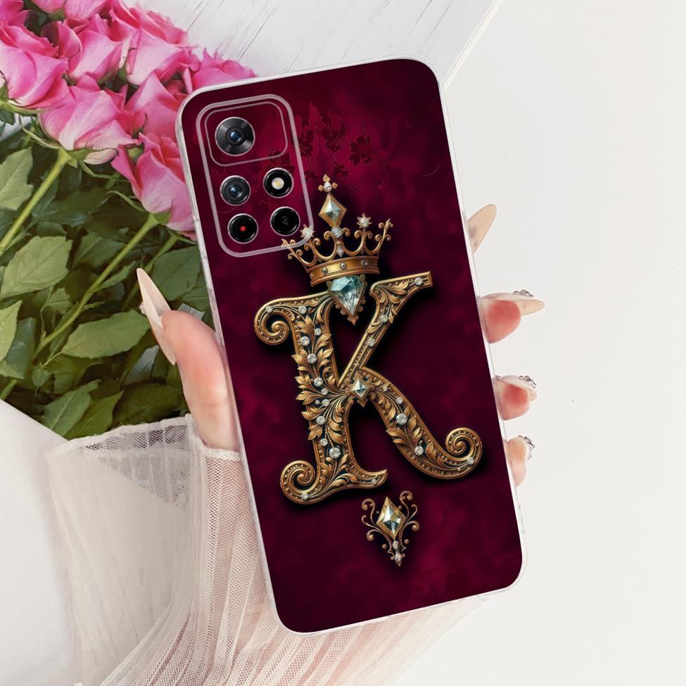 For Xiaomi Poco M4 Pro 5G Case Transparent Luxury Crown A-Z Letters 2D Flat Pattern Soft Phone Case 21091116AG MZB0BGVIN