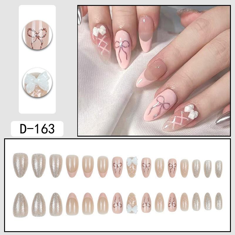30pcs Sweet Pink Press-On Nails With Bowknot Design French Tip False Women Short Waterdrop Shape Removable