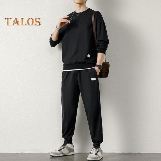 2Pcs/Set Fake Two Pieces Sport Suit Round Crew Long Sleeve Pullover Tops Elastic Waist Long Trousers Set Daily Wear